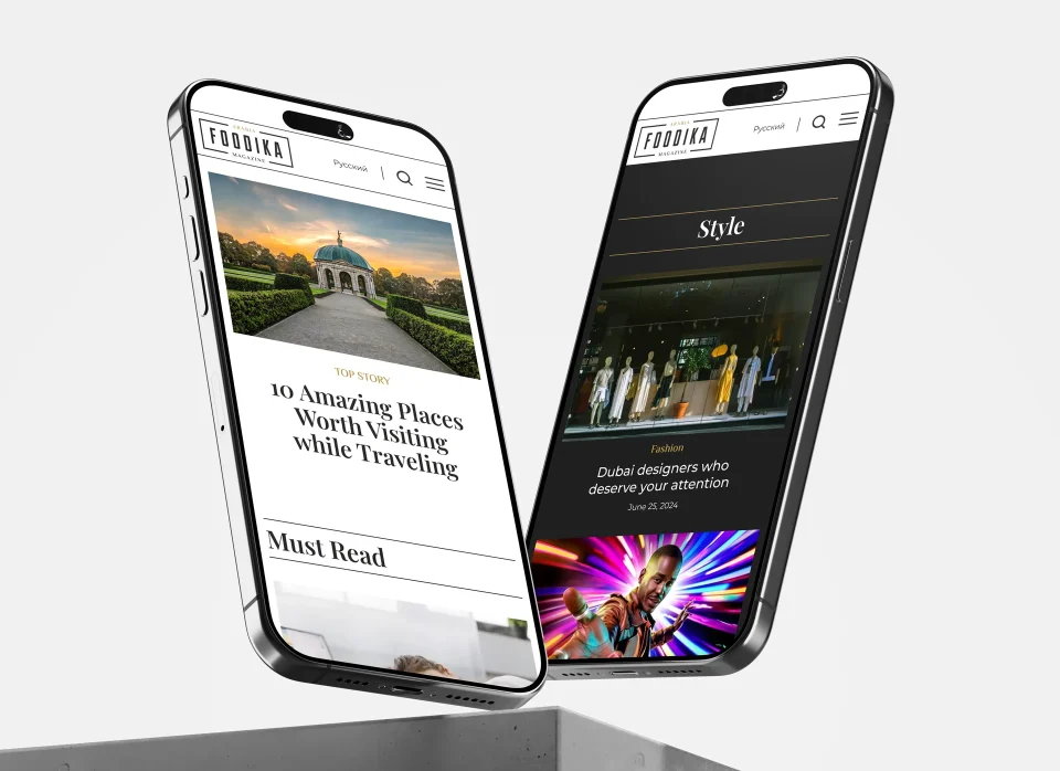 Mobile screens showcasing a website layout for a digital magazine