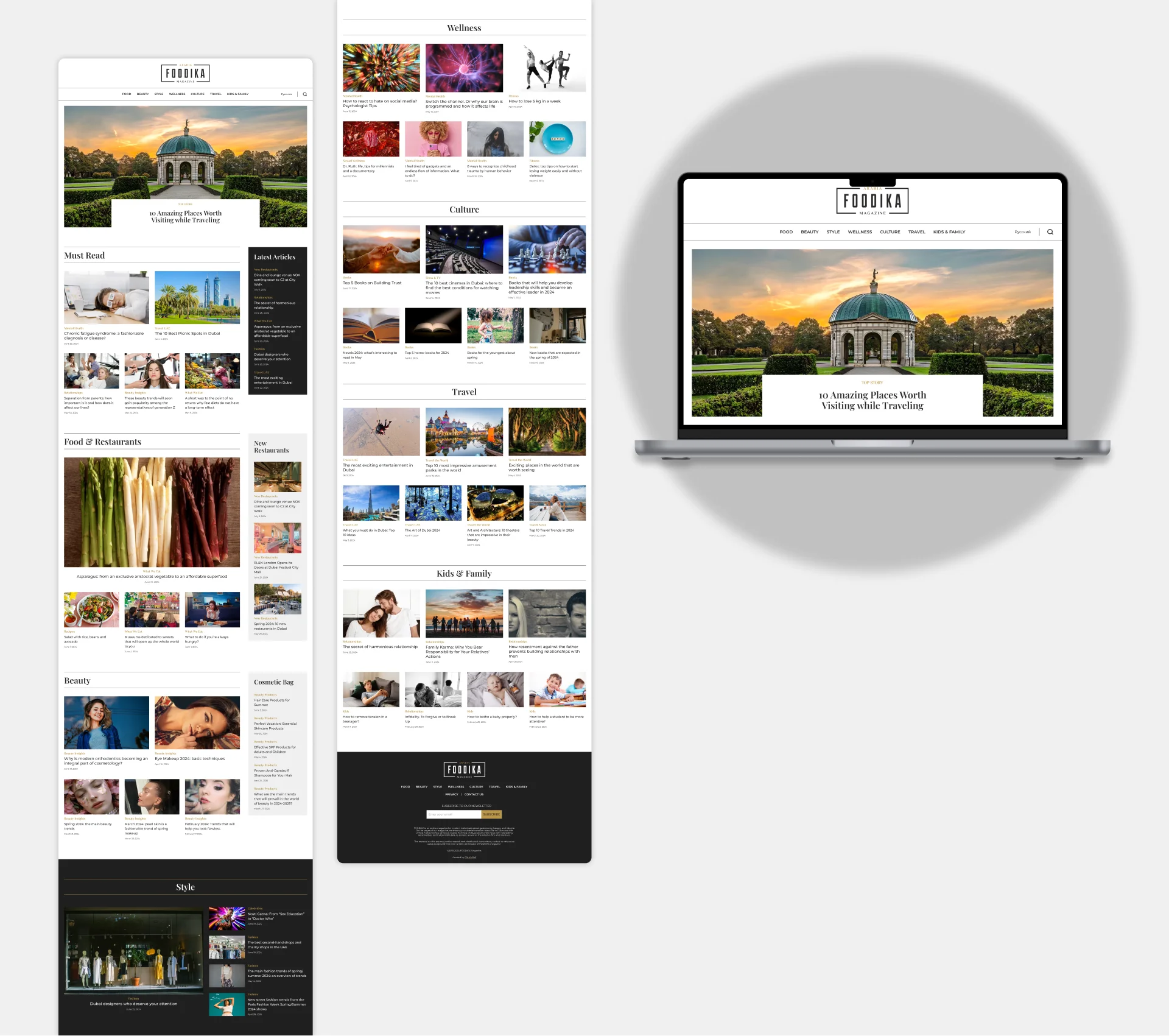 Showcase of key sections from a digital magazine website design