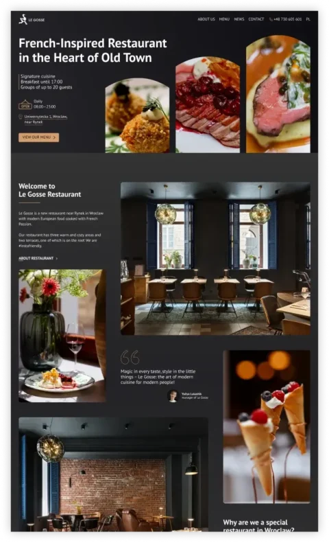 Top section of the homepage design for a French restaurant website, featuring the hero banner