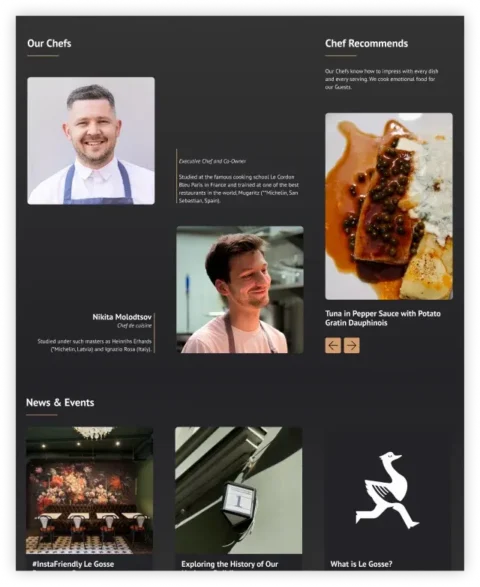 Lower section of the homepage design for a French restaurant website