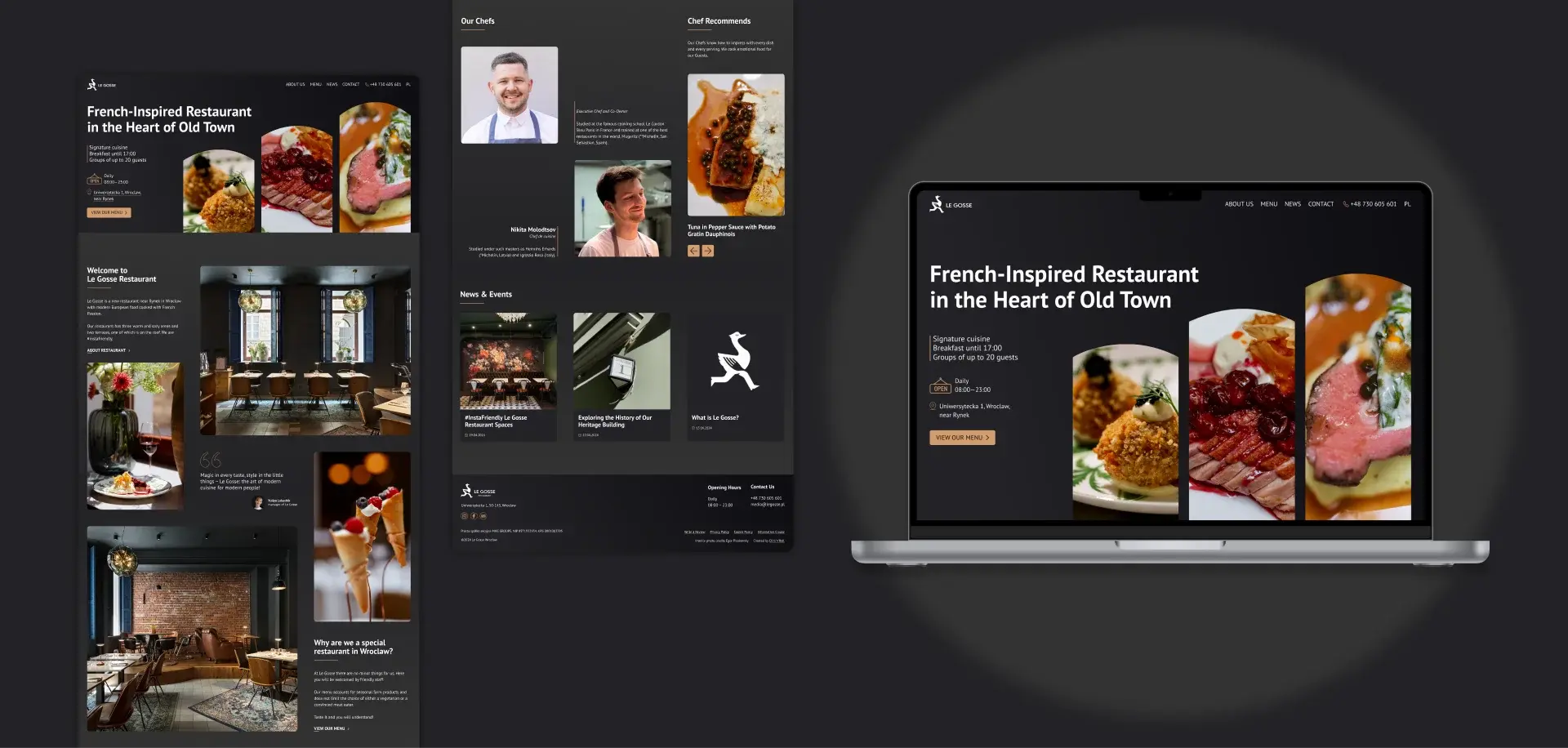 Showcase of key sections from a French restaurant website design