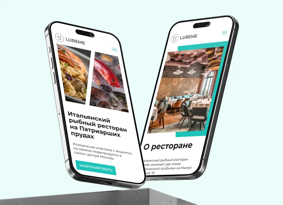 Страницы сайта для итальянского ресторана на экране мобильного телефона