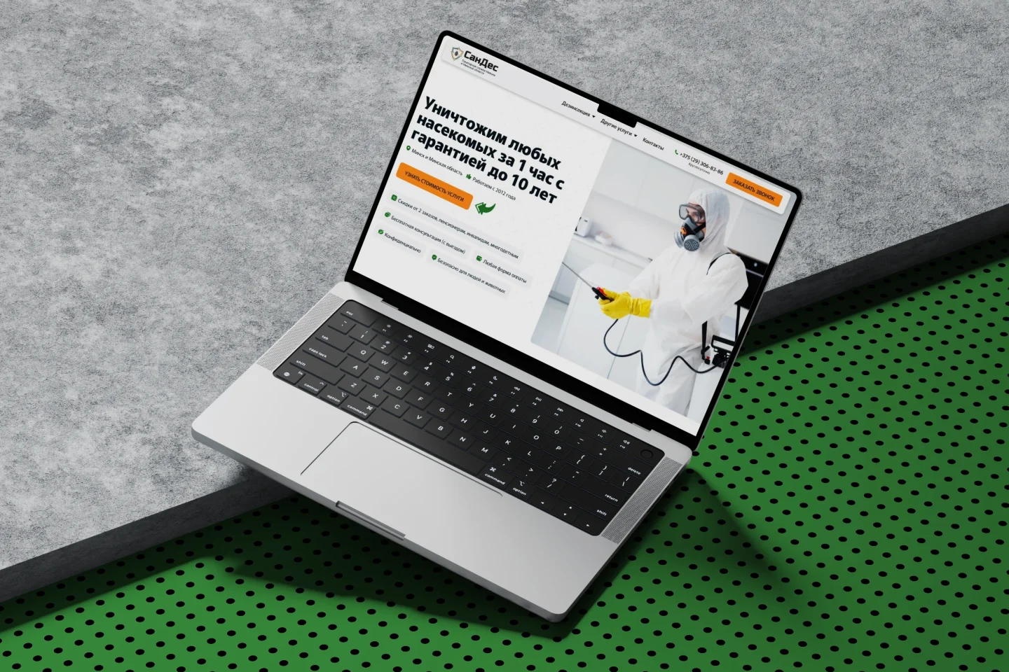 Главная страница сайта для центра дезинсекции на экране ноутбука